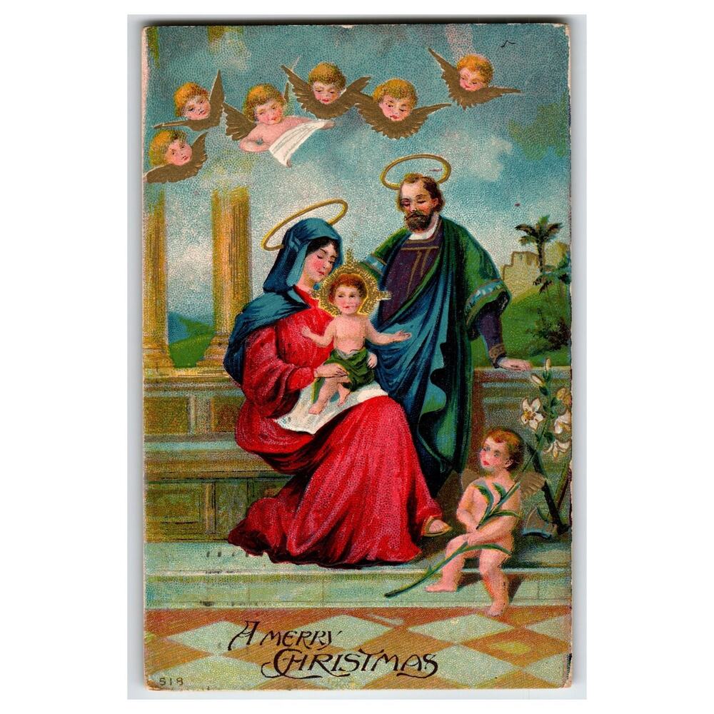 Vintage 1911 Embossed Christmas Postcard Nativity Scene Angels